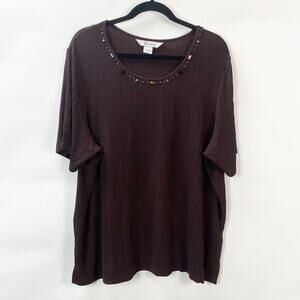 2/$30 TanJay 3X Plus Womens Brown Embellished Beads Short Sleeve Pleated Top